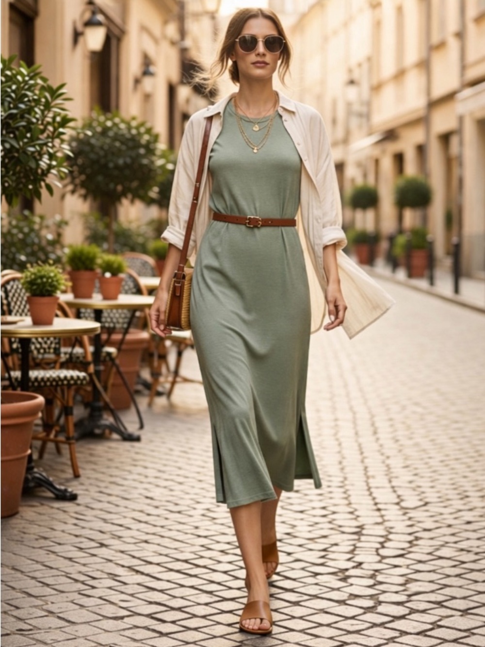 MADEWELL Pine Heather Green Muscle Midi Dress Side Slit Soft Stretch Jersey Sz M - Picture 2 of 16
